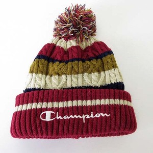 チャンピオン CHAMPION ニット帽 ニットキャップ ケーブルニット ボーダー ロゴ 刺繍 F エンジ ベージュ カーキ 紺 美品