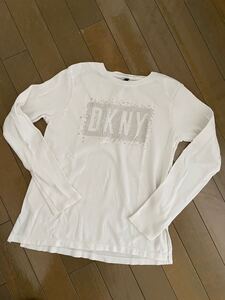 値下げ★アメリカLAで購入★DKNY★長袖カットソー★L(12才)★USED★ 白xシルバーの星 ★ロンT ホワイト