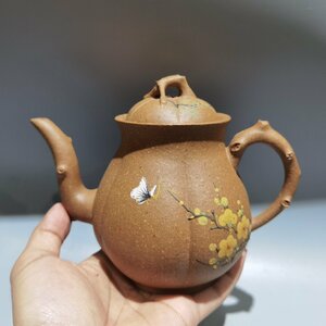 ◆古寳堂◆近現代 紫砂壺 泥繪松竹梅壺 汪寅仙 黄段砂 茶具 茶道品 極細工 古置物 古擺件 中国古美術 時代物 古董品