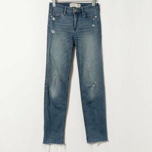 Abercrombie & Fitch アバクロンビーアンドフィッチ アバクロ ストレートデニム ミッドライズ 25 ジーンズ 0 綿 革パッチ インディゴブルー