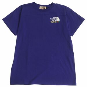 未使用品□21AW グッチ×ザ・ノースフェイス 671443 ロゴ入り バックプリント コットン クルーネック 半袖Tシャツ 青 S イタリア製 正規品