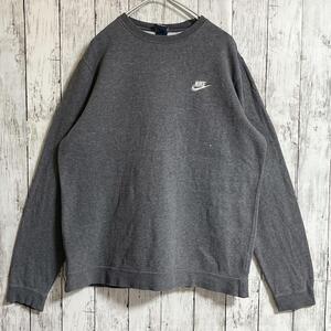 NIKE ナイキ スウェット トレーナー L グレー ワンポイント 刺繍スウッシュロゴ アメカジ US古着 HTK4811