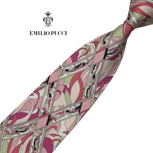 ★スカーフ柄★高級ネクタイ★EMILIO PUCCI ピンク/ベージュ系 エミリオプッチ イタリア製 シルク USED ネコポス可 t1198