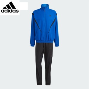 ・スピード発送 adidas(アディダス) ウーブン ノーフード トラックスーツ ジャージ 軽量 通気 上下セット DUC68(BLACK/ROYBLU)ＸＬ