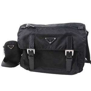 極美品◎PRADA プラダ 1BD953 RE-NYLON 三角プレート ポーチ付き ナイロン ショルダーバッグ ブラック シルバー金具 保存袋付 レディース