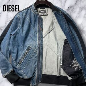 30周年記念限定!!!【L相当】DIESEL デニムジャケット パッチワーク ブルゾン ロゴプレート ジージャン ライン アウター MA-1 ディーゼル 