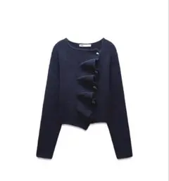 【ZARA】ザラ L ニットラップカーディガン フリル メタルボタン ネイビー