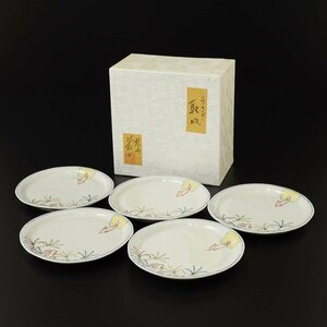 ◎512053 未使用品 九谷焼 泰山窯 うさぎ 色絵 銘々皿 取皿 五枚 紙箱入