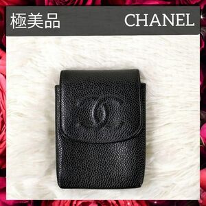 【極美品】送料無料 CHANEL シャネル ココマーク キャビアスキン ポーチ マルチケース 小物入れ レディース レザー ブラック系 黒系