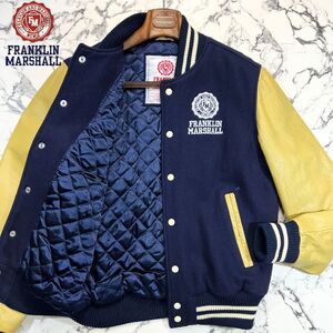 カウレザー/定価3.9万 ●FRANKLIN&MARSHALL フランクリンマーシャル スタジャン ジャケット ブルゾン 牛革 本革 M ウール ネイビー 紺色