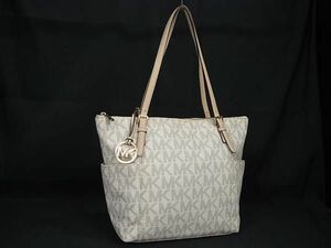 1円 MICHAEL KORS マイケルコース MK柄 PVC×レザー トートバッグ ハンドバッグ ショルダー 肩掛け レディース アイボリー系 FB2195