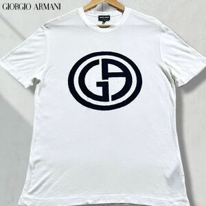 美品/Lサイズ●最高級 ジョルジオ アルマーニ 半袖Tシャツ クルーネック GIORGIO ARMANI 黒タグ ストレッチ ベロア風 起毛GAロゴ 白 50