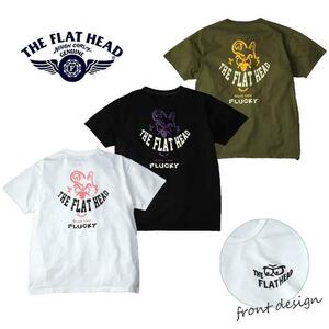 オリーブ-PD　XLサイズ　THE FLAT HEAD ブランドマスコット フラッキープリントTシャツ FN-THC-045 コットン100％ 日本製