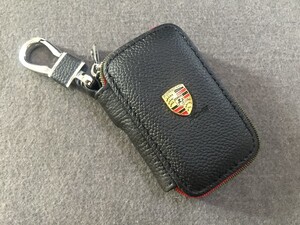 ポルシェ PORSCHE キーケース スマートキー ラウンドファスナー 軽量 ブラック シュリンクレザーキーケース　鍵　収納