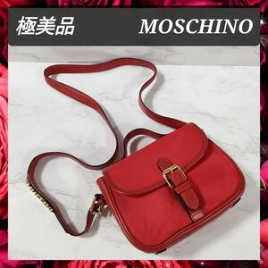 【極美品】送料無料 MOSCHINO モスキーノ ショルダーバッグ 2WAY ハンドバッグ レディース レッド 赤 レディース ナイロン×レザー