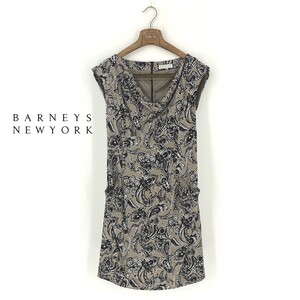 B0106/美品 BARNEYS NEWYORK バーニーズニューヨーク ストレッチ 総柄 花柄 ベルト付き ノースリーブ 膝丈 ワンピース F 灰色 レディース