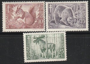 フィンランド1953＃B120－福祉(動物・リス他)３完 未MNH ＄11.25