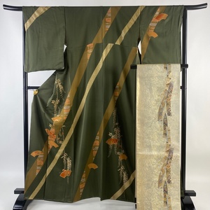 訪問着 身丈165cm 裄丈66cm M 袷 袋帯セット 扇面 菊 刺繍 金彩 茶緑色 正絹 美品 秀品 【中古】