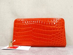 ●未使用●GENUINE●ヘンローン社製●シャイニング クロコダイル 本 ワニ 革●ロングウォレット●オレンジ●ゴールド金具●Js51847