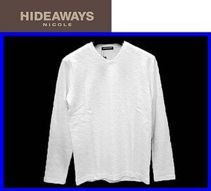 新作★46(M)★\8690〓HIDEAWAYS by NICOLEニコル〓幾何学柄風ジャガード長袖ＶネックＴシャツwhite