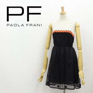 美品◆PAOLA FRANI パオラフラーニ シルク100％ フラワーレース ギャザー フレア キャミソール ワンピース 黒 ブラック 36