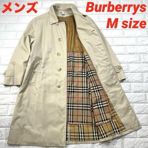 ★バーバリー 美品 M！クリーニング済 ライナー付 ノバチェック★Burberrys ステンカラー コート メンズ ロング丈 撥水 比翼 ベージュ