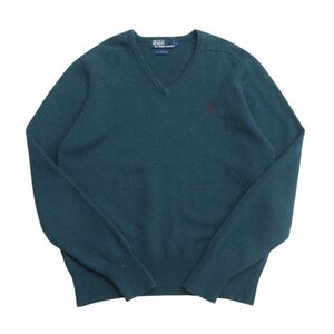 TI2989 90’s ポロラルフローレン/Polo by Ralph Lauren メンズL ラムウール ニット Vネックセーター グリーン系