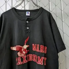 90s　USA製　ヘンリーネック　ベースボールシャツ　アメカジプリント　黒　XL