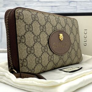 極美品 入手困難●GUCCI グッチ メンズ 長財布 ラウンドファスナー ジップ GGスプリーム キャット ネコ レザー 革 ビジネス オーガナイザー