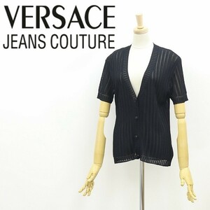 ◆VERSACE JEANS COUTURE ヴェルサーチ ジーンズ クチュール メデューサボタン Vネック 半袖 レーヨンニット カーディガン 黒 ブラック M