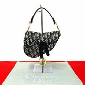 ほぼ未使用 Christian Dior クリスチャンディオール サドルバッグ トロッター 柄 レザー 本革 キャンバス ハンドバッグ ネイビー 94133