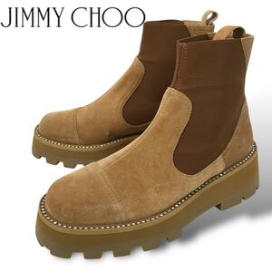 t70 良品 JIMMY CHOO 2021 ジミーチュウ レザー ショートブーツ ラインストーン サイドゴアブーツ ベージュ 37 イタリア製 正規品 