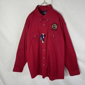 wrangler 長袖ワークシャツ　ボタンダウン 古着　Lサイズ　レッド　刺繍ロゴ　WORKWEAR