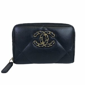 【1円～】シャネル CHANEL 財布 コインケース ラウンドジップ CHANEL19 31番台 ラムスキン ココマーク レザー ブラック ゴールド金具 中古