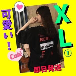 Tシャツ　ビッグロゴ　プリント　夏　レディースメンズ　黒　大きい　可愛い　XL①