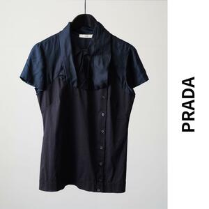 美品 PRADA プラダ シルク カットソーブラウス トップス 半袖 ドッキングシャツ 異素材切り替え タイ装飾 silk ネイビー 44