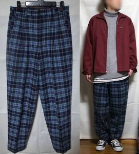 古着 2タックウールパンツ メンズ M チェック 青 紺 緑 茶 白 系 2nd boooth used check wool pants ワイドパンツ