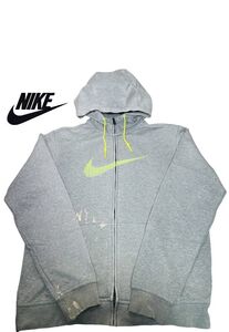 ★XL★NIKE ナイキ フルジップ パーカー ポケット BIGロゴ フルオレセント 蛍光 XLサイズ グレー メンズ 古着 訳あり USED 0579