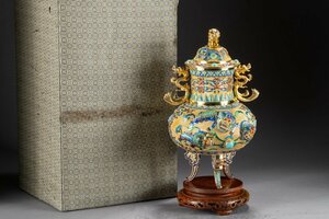 【華】某有名収集家買取品 時代物 純銀刻印 金絲焼藍 景泰藍 双龍耳唐獅子紋三足香炉 在銘 骨董品 古美術YB230202-EQQ