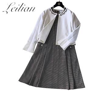 B21◆極美品 レリアン Leilian 大きいサイズ 13 XL 前後 アンサンブル ビジュー ジャケット エンボス ドット ワンピース 2点 セット 秋冬