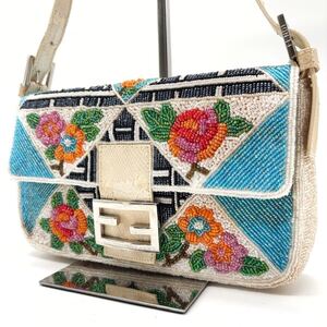 1円【幻の遺品】FENDI フェンディ マンマバケット ビーズバッグ ハンドバッグ トート 花柄 FF金具 ボタニカル レザー 肩掛け ブルー系 青色