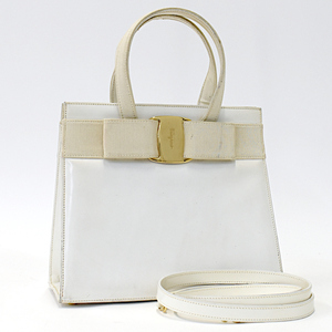 1円 ◆美品 Salvatore Ferragamo フェラガモ 2wayハンドバッグ BA-21 4178 ヴァラリボン レザー ホワイト◆K.Csme.tI-dsm02