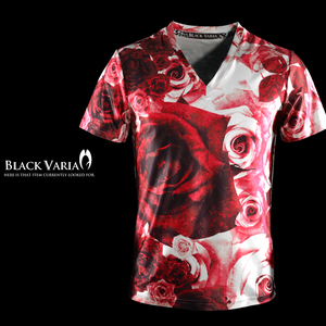 9#bv04-re BLACK VARIA 薔薇 大輪バラ ローズ 花 プレミアム Vネック 半袖Tシャツ メンズ(レッド赤) LL 日本製 吸水速乾＆2wayストレッチ