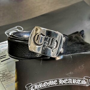 【インボイス原本 / ポリッシュ / 革袋付】激レア CHROME HEARTS クロムハーツ ミリタリーバックル CH 1.5インチ 黒 レザーベルト 34インチ