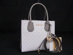 1円 ■極美品■ MICHAEL KORS マイケルコース MK柄 PVC×レザー 2WAY クロスボディ ハンドバッグ トート ショルダー グレー系 FJ3061