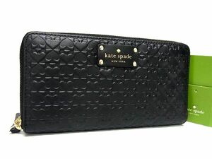 1円 ■極美品■ kate spade ケイトスペード レザー エンボス ラウンドファスナー 長財布 ウォレット 札入れ 小銭入れ ブラック系 FG2065