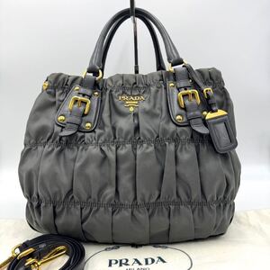 1円【希少/極美品】PRADA プラダ ギャザー 2way ハンドバッグ ショルダー クロスボディ テスートナイロン レザー 本革 グレー系 レディース