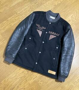 [HARD BIRD by THE FLAT HEAD] 14AW 定価89,000 ウールメルトン 袖レザースタジャン 40 ブラック 羊革 ハードバード