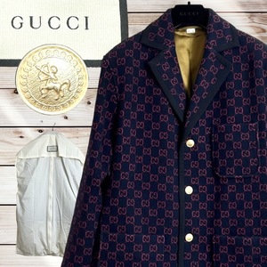 美品☆超人気デザイン☆GUCCI GG柄 総柄 ジャケット ウールコート 20AW FW 国内正規品 44 LL XL 金ボタン 紺ブレ ネイビー レッド 紺 赤