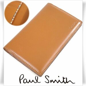 新品1円～★ポールスミス Paul Smith 牛革レザー二つ折り 名刺入れ カードケース ブルー オールドL2 ストライプ キャメル 本物 ◆3707◆